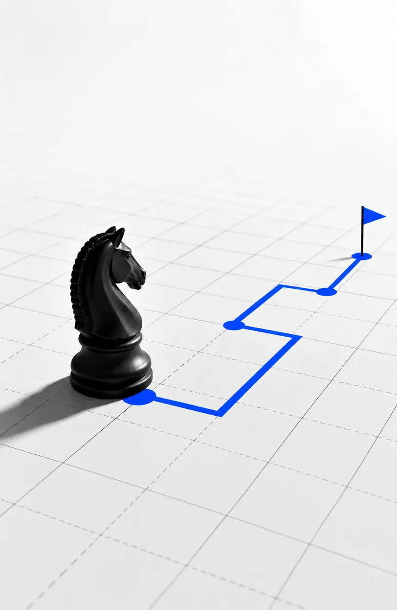Chess knight on a grid with a blue path leading to a flag